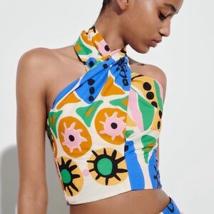 Zara Printed Halter Top Size Medium Colorful Art To Wear
